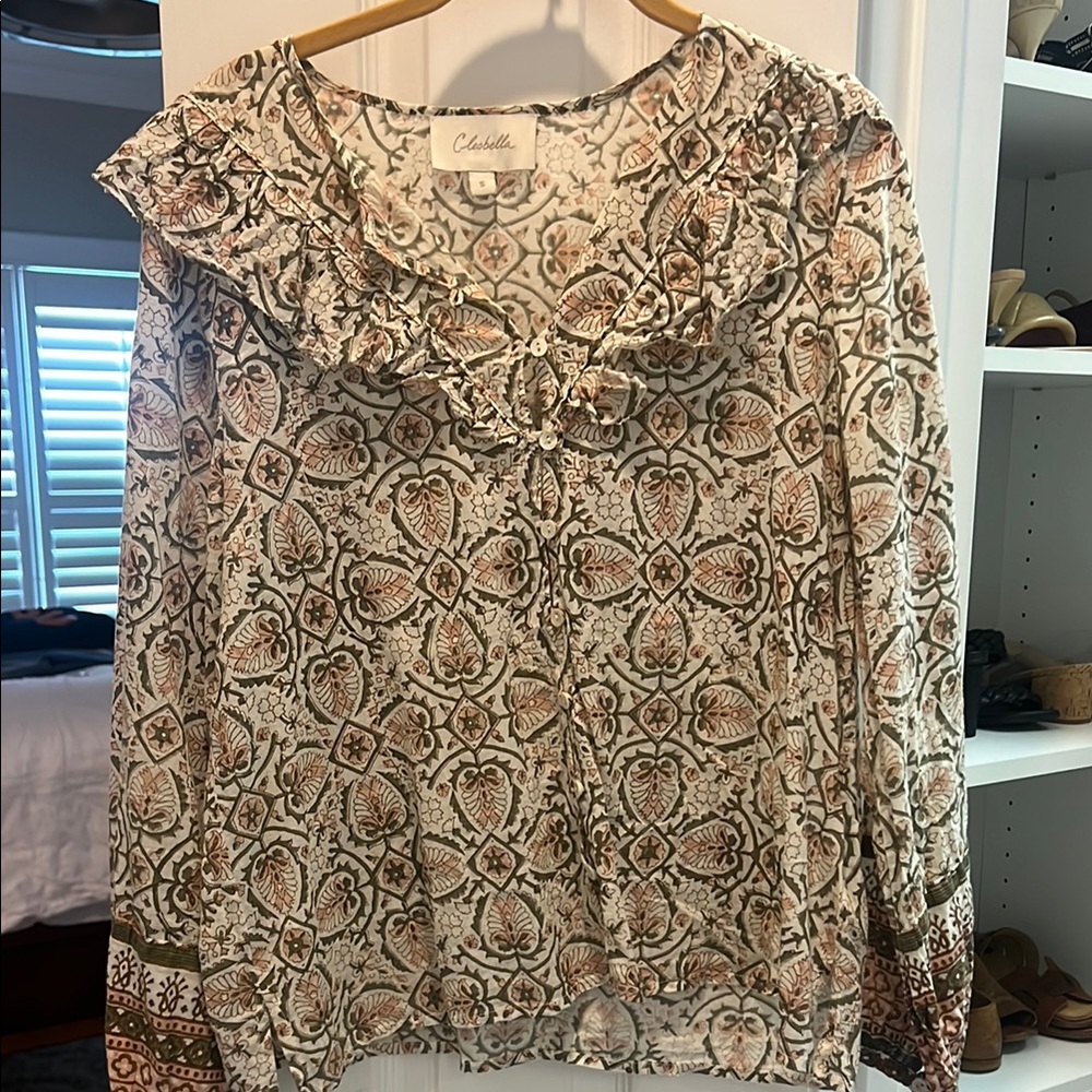 Chico's Tan Ruffled Bib Collar Blouse